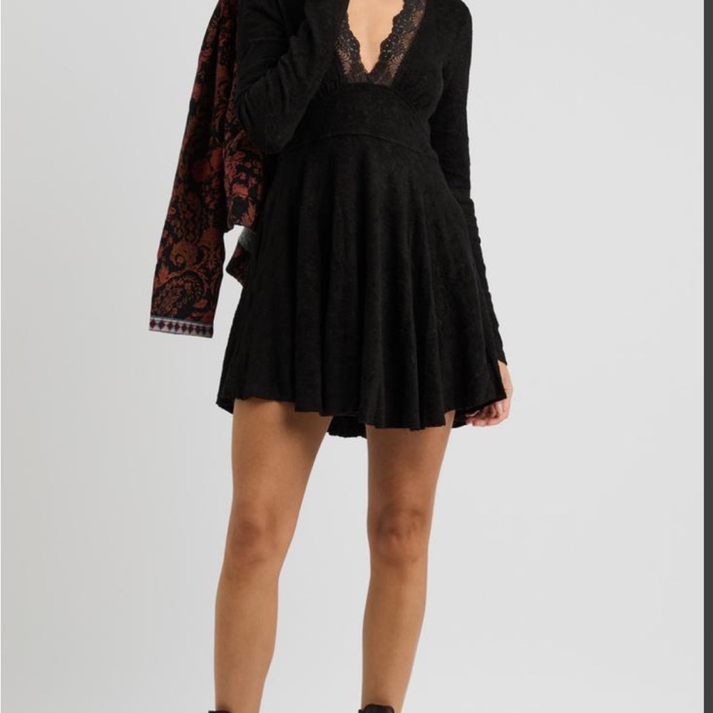 New Free People All Yours Mini Dress in black with lace details - Picture 3 of 8